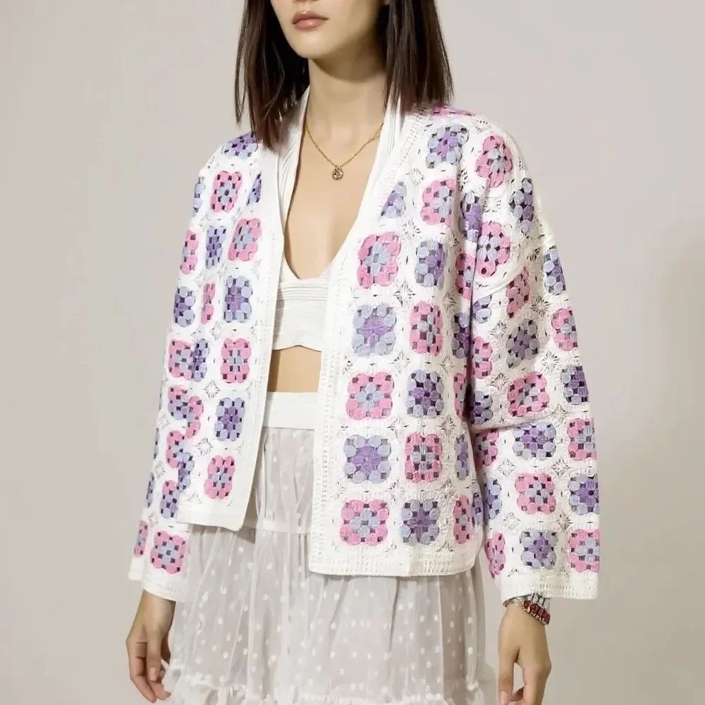 Crochet Granny Square Cardigan Jacket | White Floral Knit Boho L NWT
